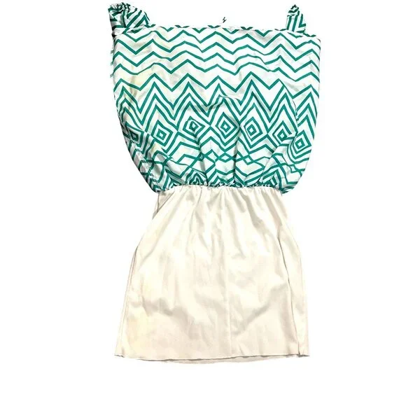 My Michelle Size XL White Teal Chevron Tie Neck Lined Laceback Boho Resort Dress - Picture 12 of 12